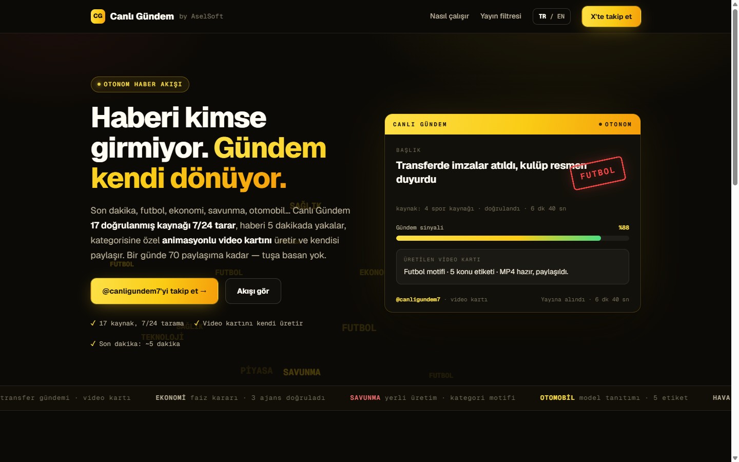 Canlı Gündem — otonom haber akışı ve video kartı