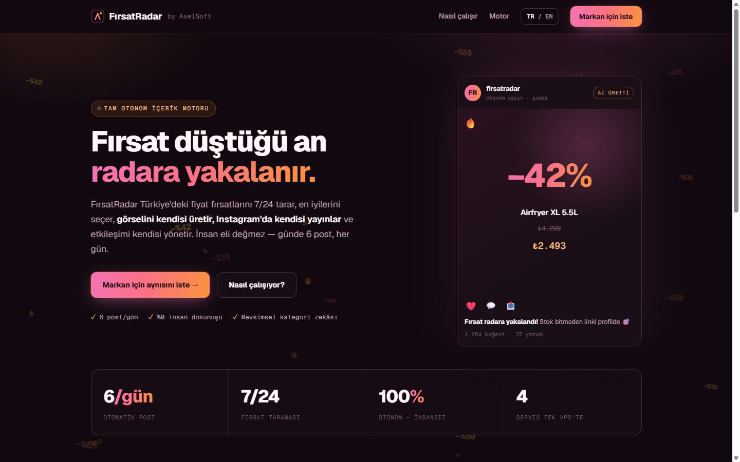 FırsatRadar arayüzü — otonom içerik motoru